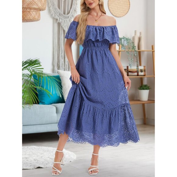 Women's Cotton Midi Dress Off-Shoulder Ruffle High Waist A-Line Casual - Picture 4 of 6